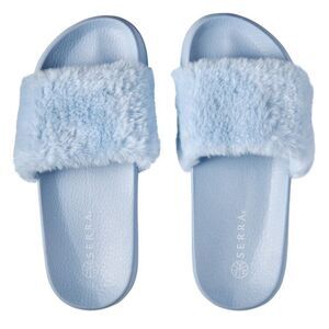 Serra Light Blue Faux Fur Slides, size 9
